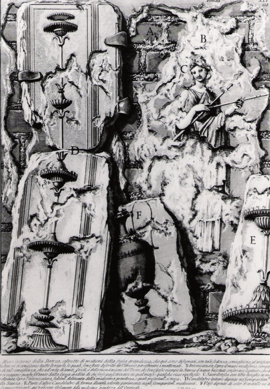 interno di una antica stanza della piramide di Caio Cestio con ritratto di sacerdotessa, candelabro e vaso (stampa) di Piranesi Giovanni Battista (prima metà sec. XX)