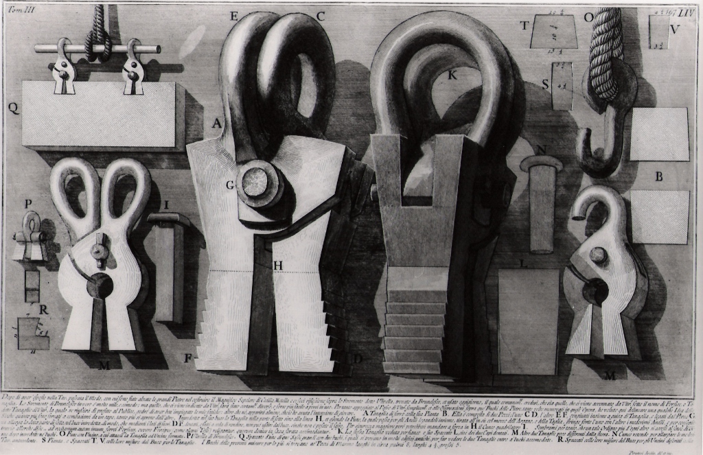 strumento per il sollevamento di massi detto ulivella (stampa) di Piranesi Giovanni Battista (prima metà sec. XX)