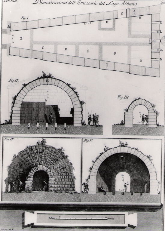 illustrazioni dell'emissario del lago di Albano (stampa) di Piranesi Giovanni Battista (prima metà sec. XX)