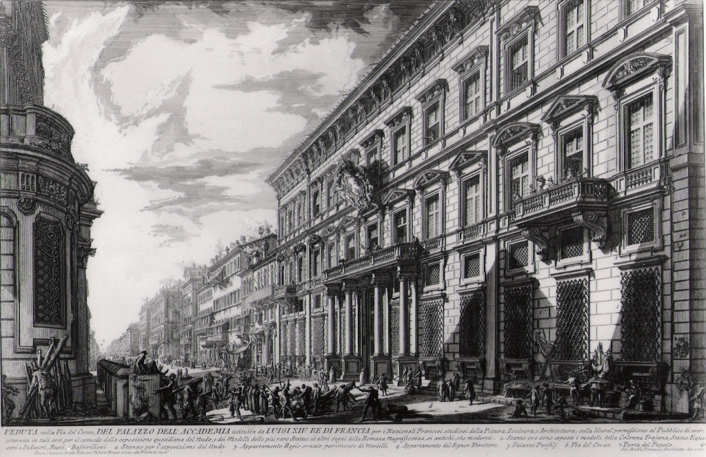veduta, nella via del Corso, del palazzo dell'Accademia (stampa) di Piranesi Giovanni Battista (prima metà sec. XX)