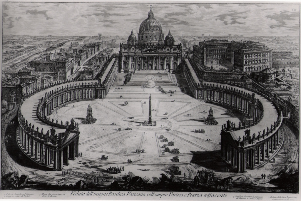 veduta della basilica vaticana, del suo ampio portico e della piazza adiacente (stampa) di Piranesi Giovanni Battista (prima metà sec. XX)