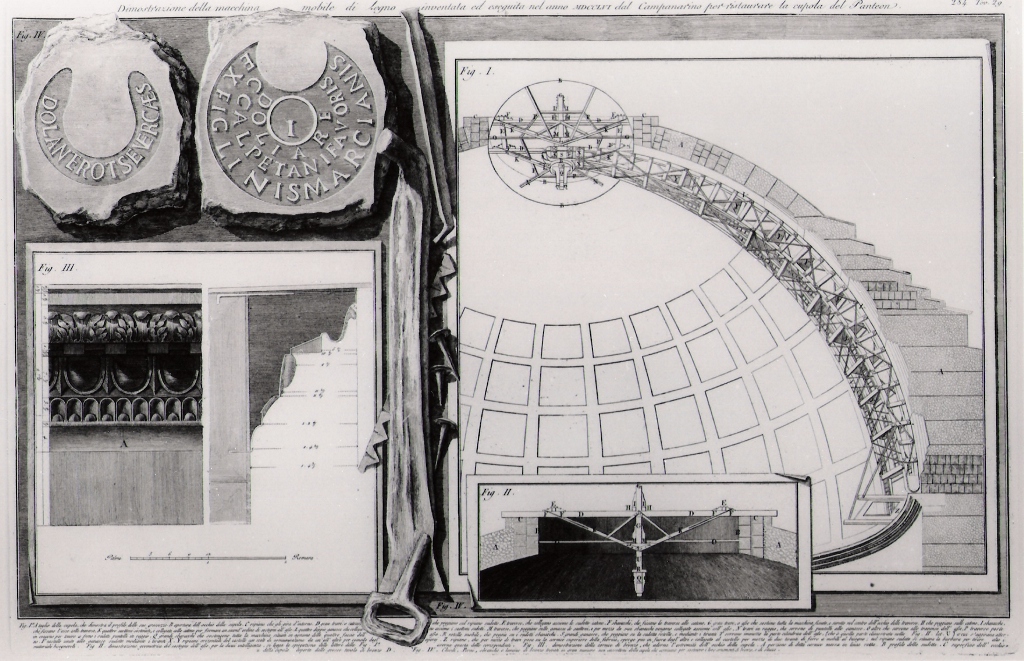 dimostrazione della macchina mobile di legno inventata dal campanarino per restaurare la cupola del Pantheon (stampa) di Piranesi Francesco (prima metà sec. XX)