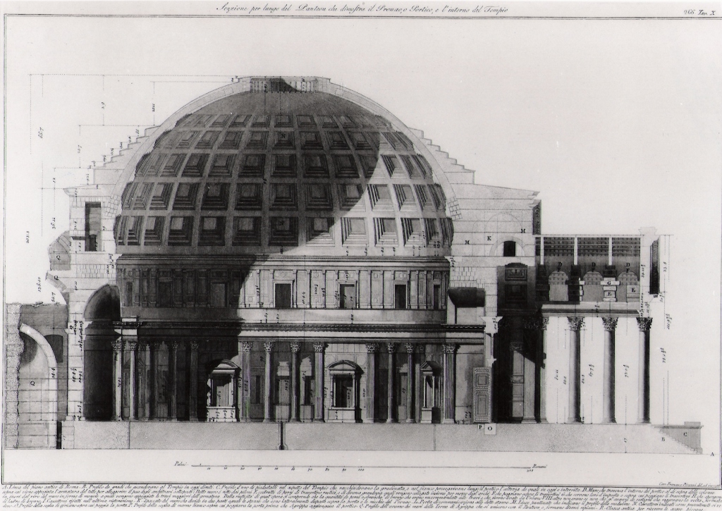 sezione per lungo del Pantheon che mostra il pronao o portico e l'interno del tempio (stampa) di Piranesi Francesco (prima metà sec. XX)