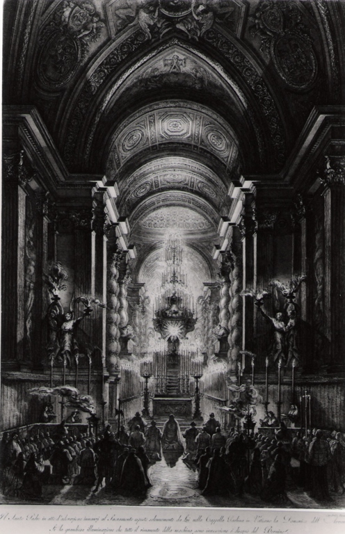 il Santo Padre in adorazione nella Cappella Paolina (stampa) di Piranesi Francesco, Desprez Jean Louis (prima metà sec. XX)