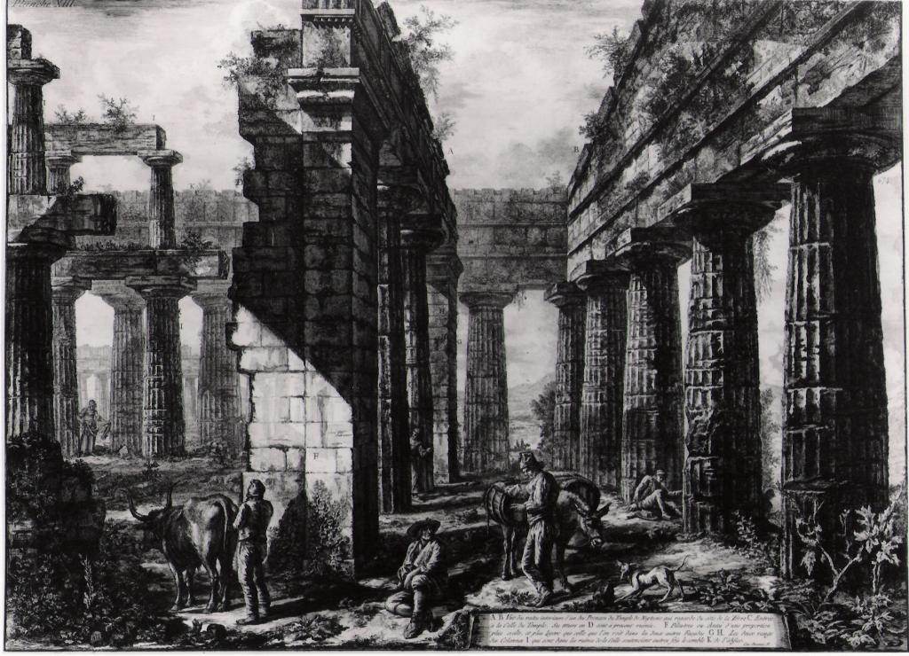 veduta di uno dei pronai del tempio di Nettuno orientati verso l'interno (stampa) di Piranesi Giovanni Battista (prima metà sec. XX)
