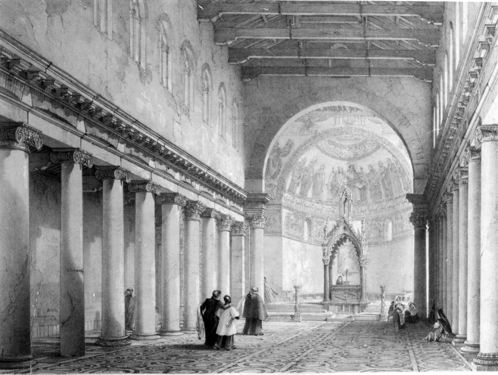 interno della basilica di Santa Maria in Trastevere (stampa) - produzione inglese (sec. XIX)