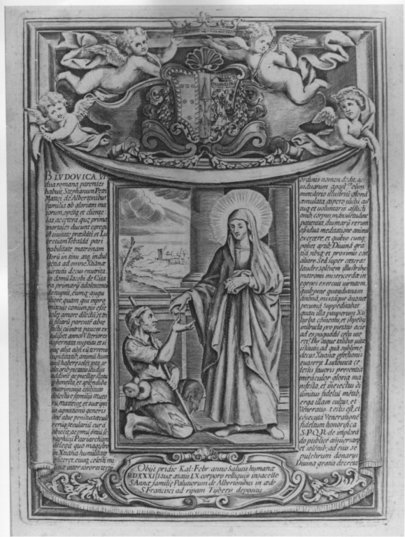B. LVDOVICA VI, Elemosina della Beata Ludovica Albertoni (stampa) di Emanuele da Como (sec. XIX)