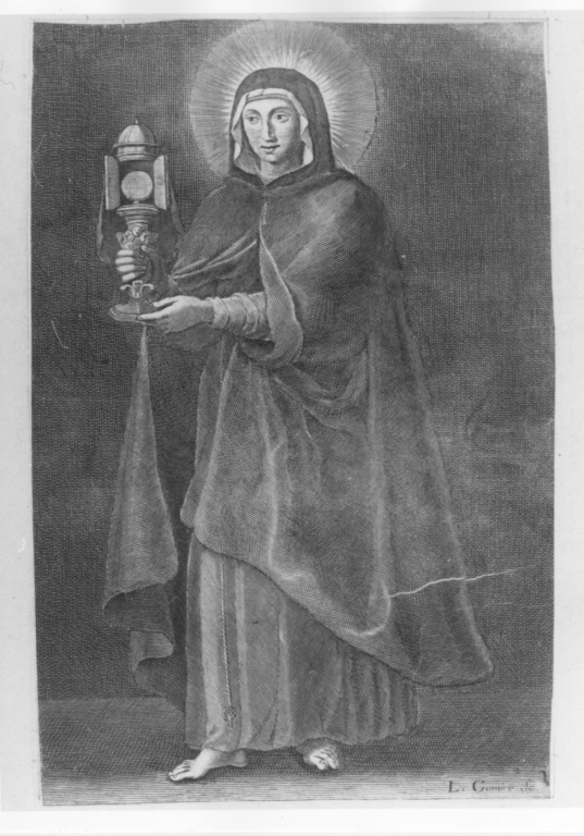 Santa Chiara d'Assisi, Santa Chiara d'Assisi con Ostensorio (stampa smarginata) di Gomier Louis (sec. XVIII)