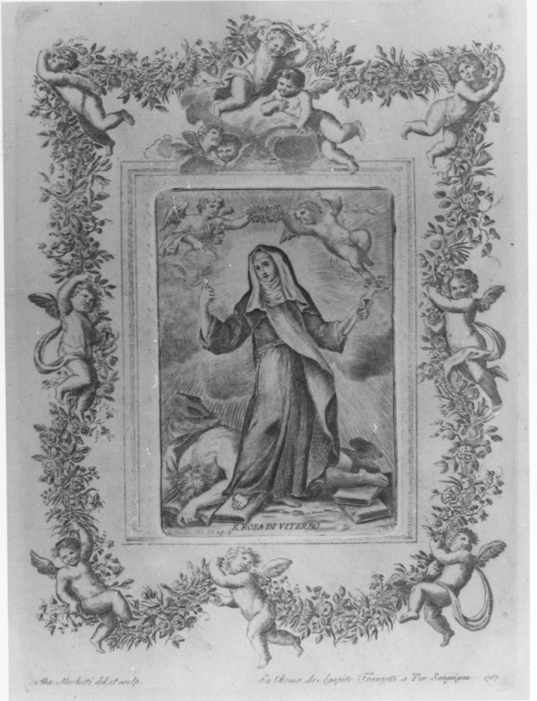 S. Rosa di Viterbo, Santa Rosa da Viterbo con cornice decorata (stampa) di Mochetti Alessandro (sec. XVIII)