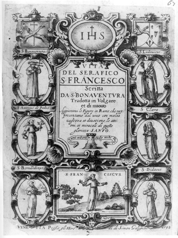 Vita del Serafico S. Francesco, Frontespizio Vita di San Francesco (stampa) di Franco Giacomo (sec. XVI)