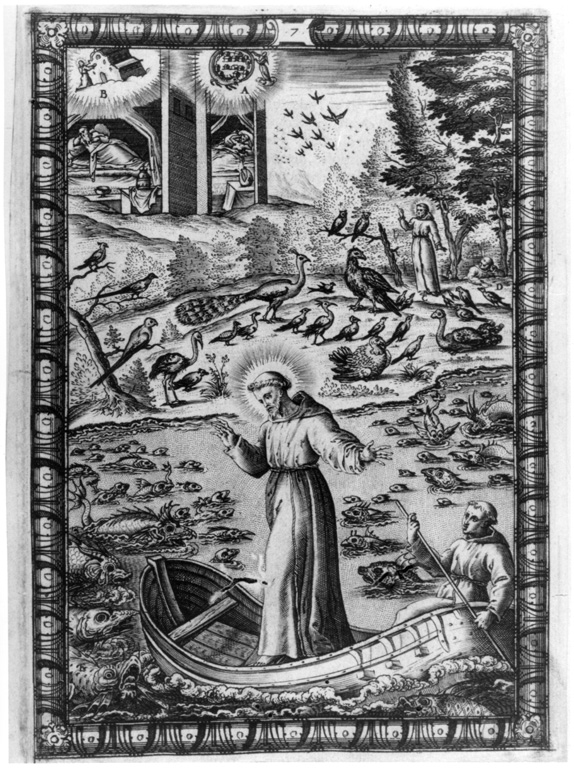 San Francesco predica ai pesci e agli uccelli, San Francesco predica ai pesci e agli uccelli (stampa) di Franco Giacomo (sec. XVI)