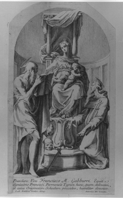 San Francesco d'Assisi con Madonna e Bambino in trono (stampa) di Faldoni Giovanni Antonio (sec. XVIII)