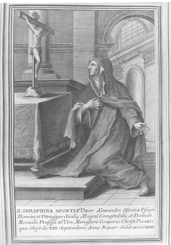 B. Seraphina Posrtia uxor Alexandri.., Santa Serafina in adorazione della croce (stampa) di Sintes Giovanni Battista (prima metà sec. XVIII)