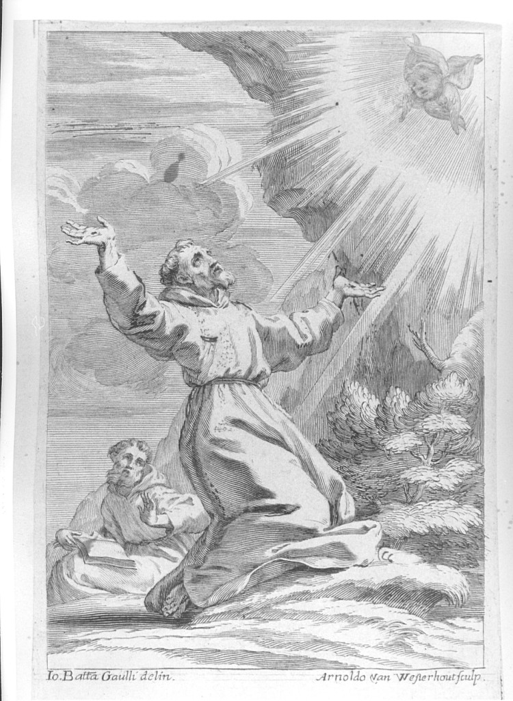 San Francesco d'Assisi riceve le stimmate (stampa) di Van Westerhout Arnold, Gaulli Giovanni Battista detto Baciccio (sec. XVIII)