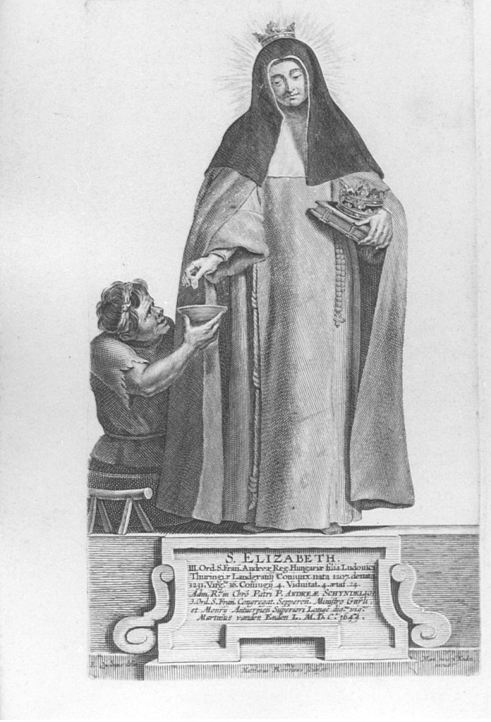 Santa Elisabetta d'Ungheria e il povero (stampa) di Borrekens Mattheus (sec. XVII)