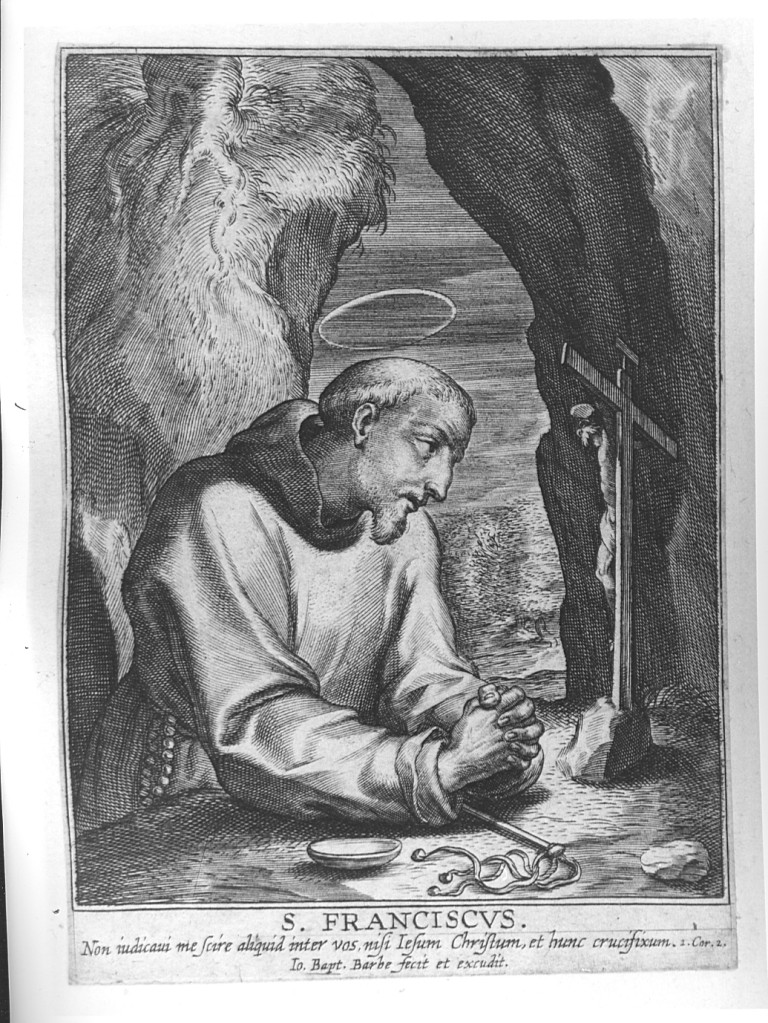 San Francesco d'Assisi in preghiera (stampa) di Barbé Jean Baptiste (prima metà sec. XVII)