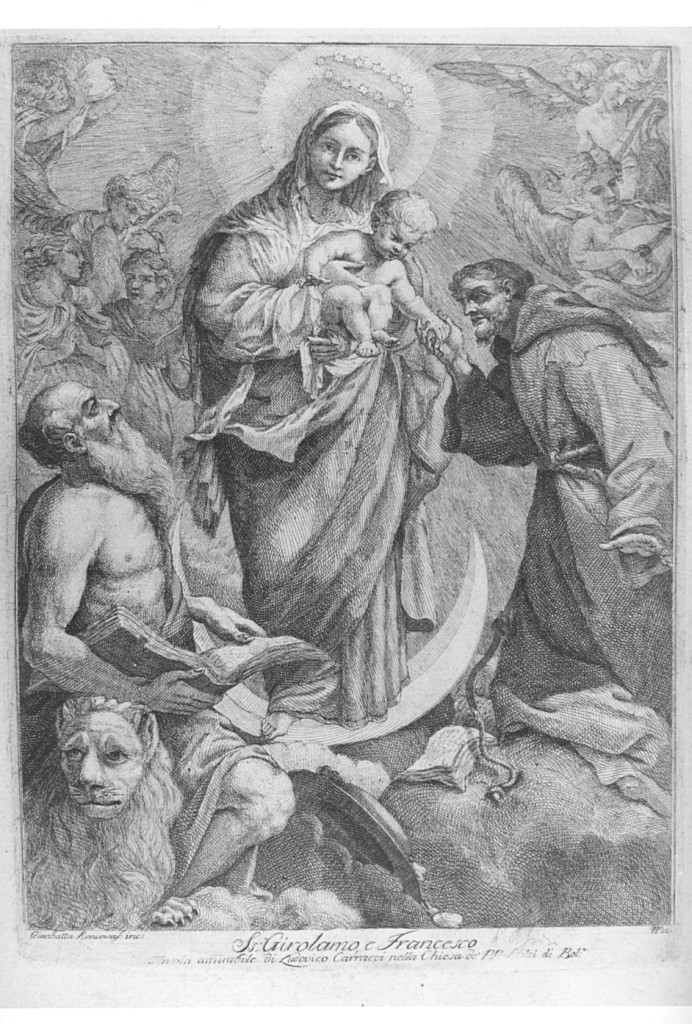 Madonna con Bambino in gloria coni santi Gerolamo e Francesco d'Assisi (stampa) di Carracci Ludovico, Roncovassaglia Giovanni Battista (prima metà sec. XVIII)