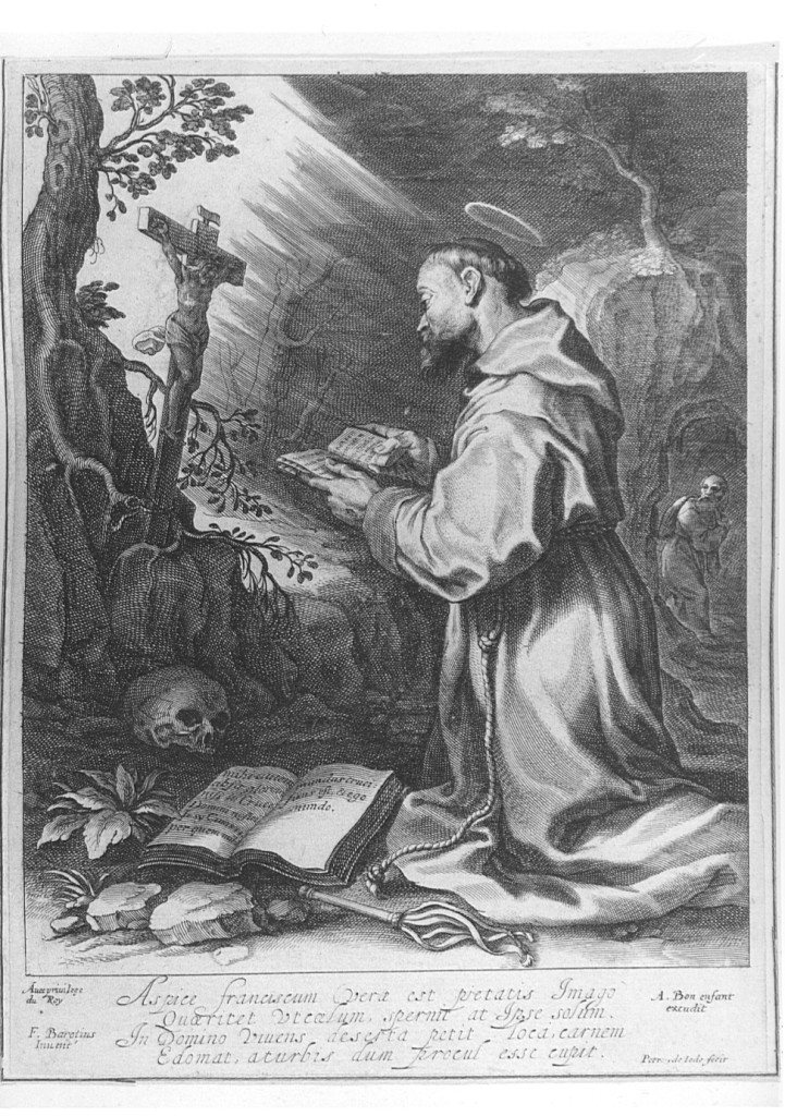 San Francesco d'Assisi in preghiera (stampa smarginata) di De Jode Peeter, Fiori Barocci detto Federico Barocci (sec. XVII)