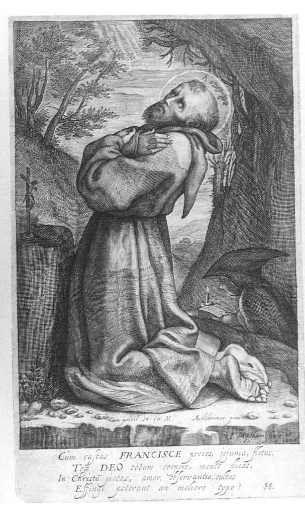 San Francesco d'Assisi in preghiera (stampa) di Matham Jacob (sec. XVII)