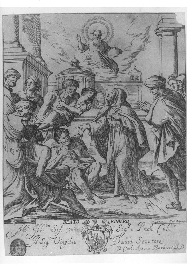 Beato Raniero Miracoli (stampa smarginata) di Mitelli Giuseppe Maria (seconda metà sec. XVII)