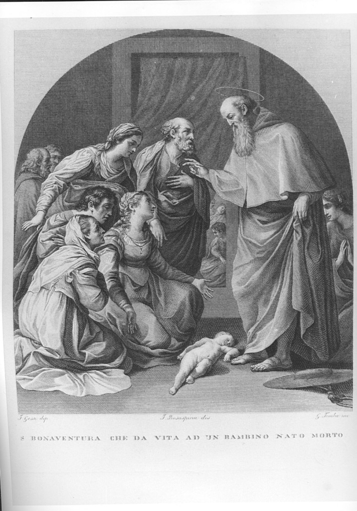 San Bonaventura resuscita un bambino nato morto (stampa) di De Sorello Miguel (prima metà sec. XIX)