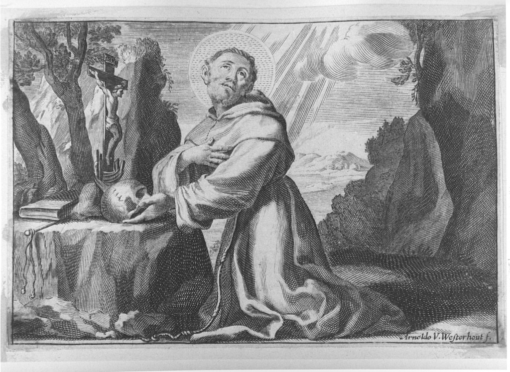 San Francesco d'Assisi in preghiera (stampa) di Van Westerhout Arnold (fine/inizio secc. XVII/ XVIII)