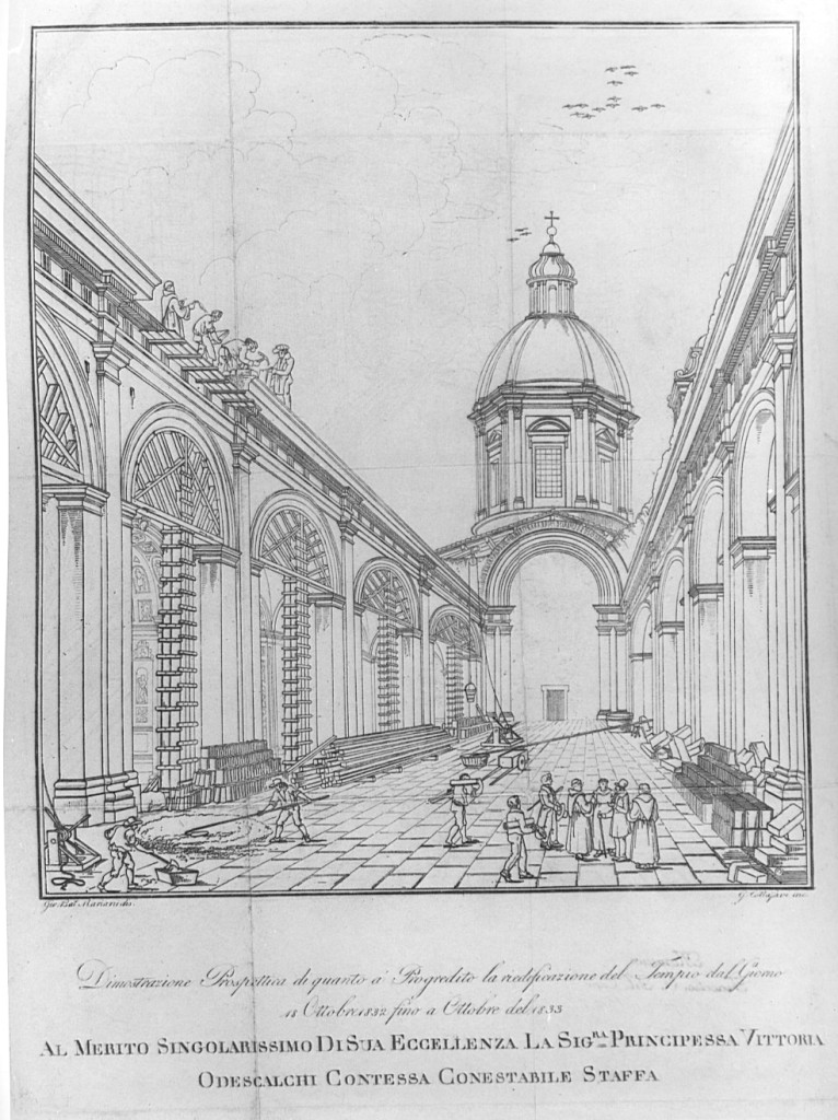 La Basilica di Santa Maria degli Angeli ad Assisi in costruzione (stampa) di Cottafavi Gaetano (sec. XIX)