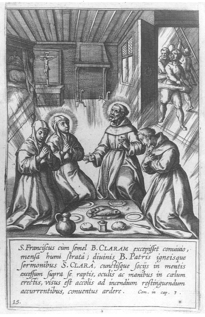 Pranzo di San Francesco d'Assisi e Santa Chiara alla Porziuncola (stampa) di Collaert Adriaen (seconda metà sec. XVII)