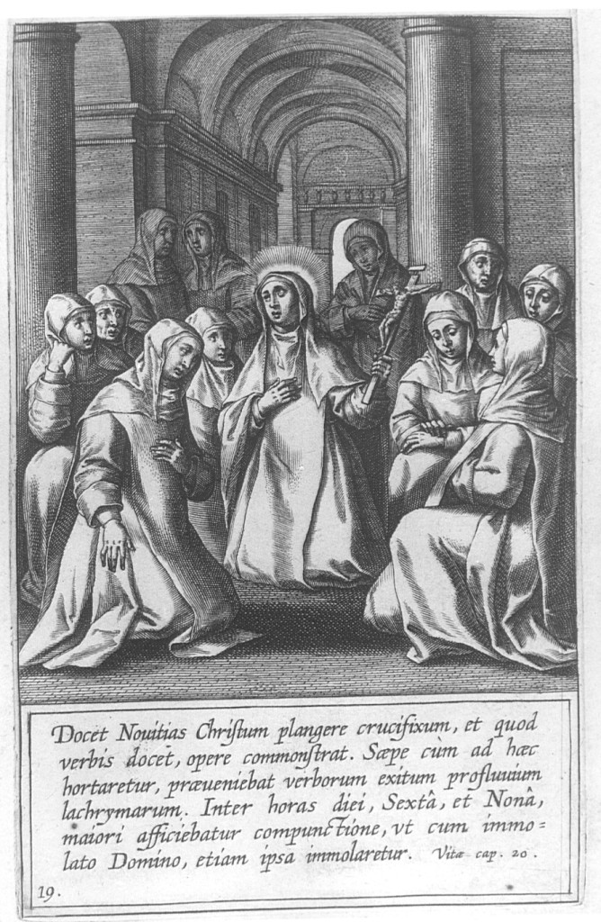 Santa Chiara insegna alle novizie a piangere Cristo crocifisso (stampa) di Collaert Adriaen (seconda metà sec. XVII)