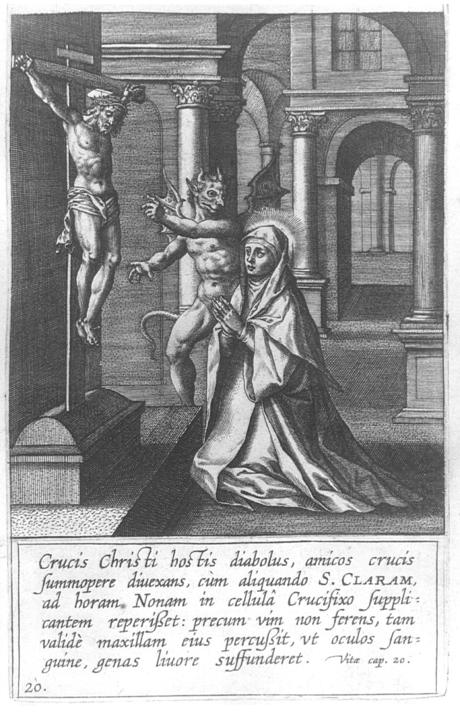 Santa Chiara in preghiera è molestata dal demonio (stampa) di Collaert Adriaen (seconda metà sec. XVII)