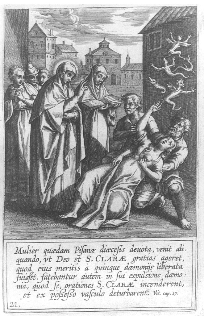 Santa Chiara libera una donna pisana da cinque demoni (stampa) di Collaert Adriaen (seconda metà sec. XVII)