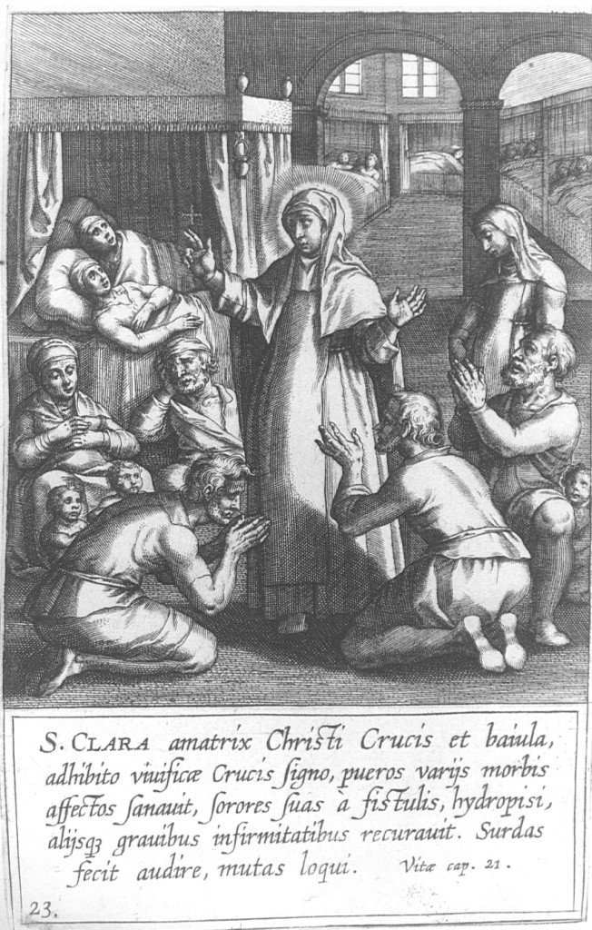 Santa Chiara guarisce i malati con il segno delle croce (stampa) di Collaert Adriaen (seconda metà sec. XVII)
