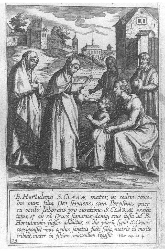 Santa Chiara e una ortolana guariscono un bambino malato agli occhi (stampa) di Collaert Adriaen (seconda metà sec. XVII)