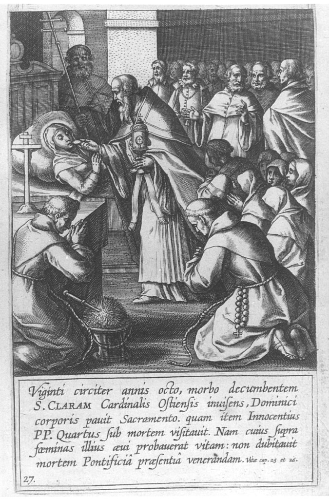 Santa Chiara malata riceve l'eucarestia da papa Innocenzo IV (stampa) di Collaert Adriaen (seconda metà sec. XVII)