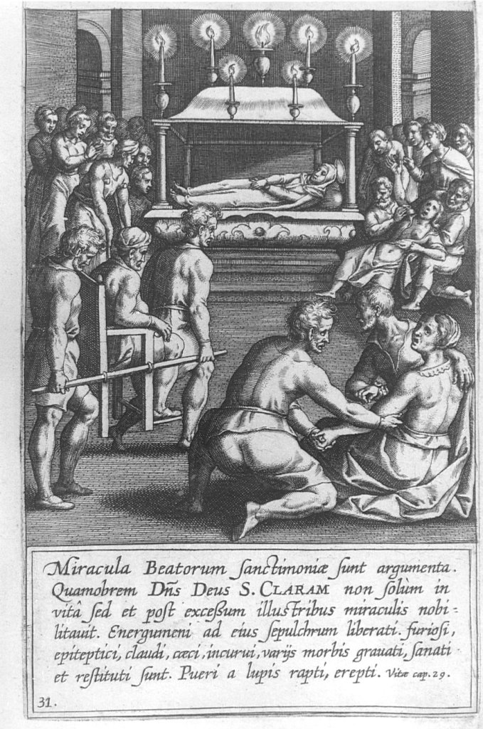 miracoli davanti al sepolcro di Santa Chiara (stampa) di Collaert Adriaen (seconda metà sec. XVII)