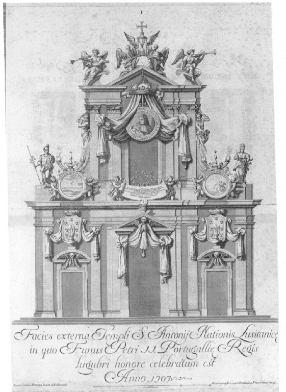 Facies Externa Templi S. Antony, Facciata di Sant'Antonio dei Portoghesi con l'addobbo funbre di Pietro II Re di Portogallo (stampa) di Frezza Giovanni Gerolamo, Franceschini Domenico Mariano, Fontana Carlo (sec. XVIII)