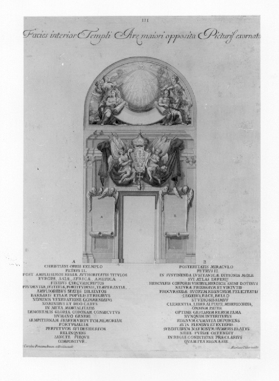 Facies interioe templi are maior apposita, Interno di San'Antonio dei Portoghesi con addobbo funebre di Piero II re del Portogallo (stampa) di Fontana Carlo, Oddi Nicola (sec. XVIII)