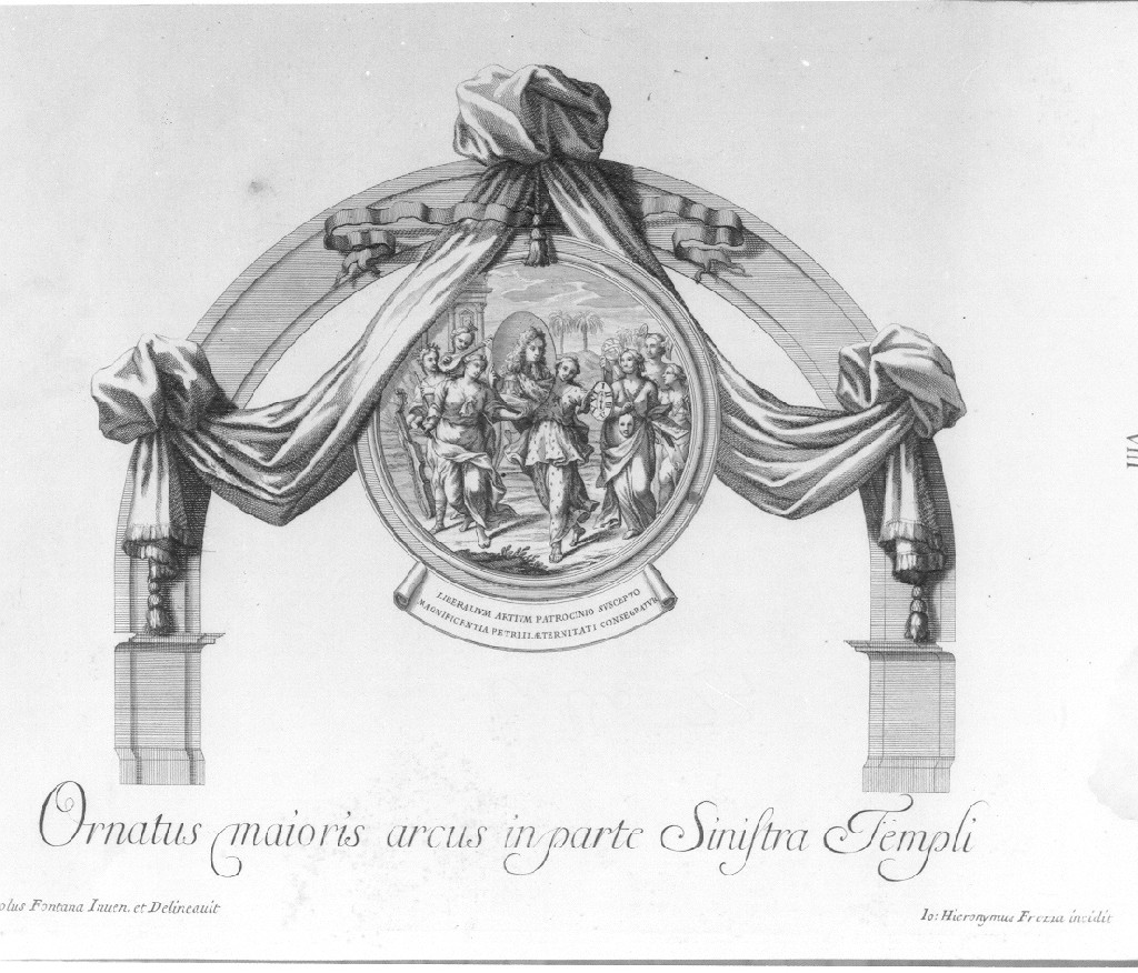 Ornatus maioris arcus in parte, Ornamento dell'arco maggiore di Sant'Antonio dei Portoghesi per onorare Pietro II (stampa) di Frezza Giovanni Gerolamo, Fontana Carlo (sec. XVIII)
