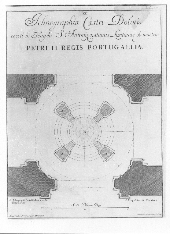 Ichnographia castri doloris, Pianta del catafalco eretto nella chiesa di Sant'Antonio dei Portoghesi (stampa) di Franceschini Domenico Mariano, Fontana Carlo (sec. XVIII)