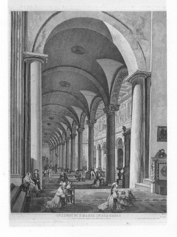 Interno di S. Maria in Ara-Coeli, Veduta interna della chiesa dell'Aracoeli a Roma (stampa) di Rossini Luigi (prima metà sec. XIX)