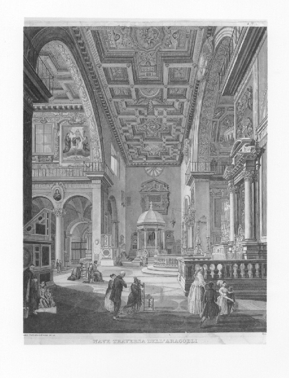 Nave traversa dell'Aracolei, Veduta interna della chiesa dell'Ara Coeli a Roma (stampa smarginata) di Rossini Luigi (prima metà sec. XIX)