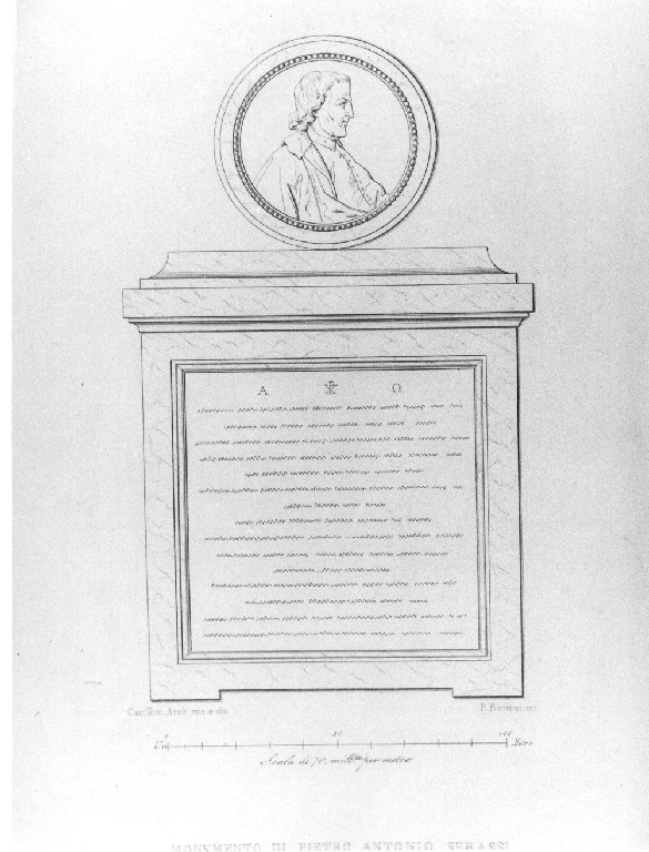 Monumento di Pietro Antonio Serassi (stampa smarginata, serie) di Bertoni Pio, Tosi Francesco Maria (sec. XIX)