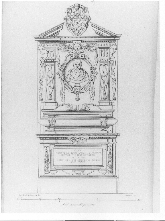 Monumento di Prosperi Farinacci (stampa smarginata, serie) di Bertoni Pio, Tosi Francesco Maria (sec. XIX)