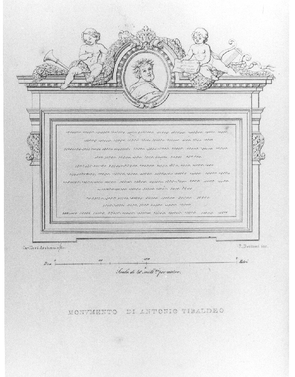 Monumento di Antonio Tibaldeo (stampa smarginata, serie) di Bertoni Pio, Tosi Francesco Maria (sec. XIX)