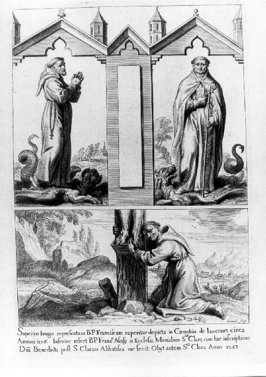 San Francesco d'Assisi schiaccia uil demonio e in preghiera (stampa, serie) di Lommelin Adriaen (sec. XVII)