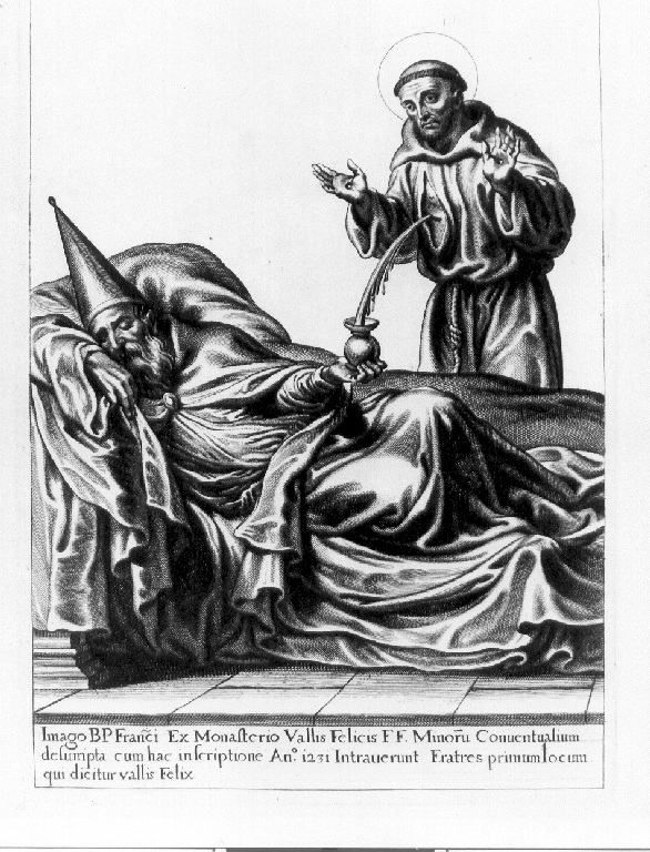 San Francesco d'Assisi appare in sogno a pap Gregorio IX (stampa, serie) - ambito belga (sec. XVII)