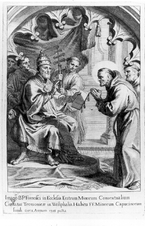 San Francesco d'Assisi predica davanti a papa Onorio III (stampa, serie) - ambito belga (sec. XVII)