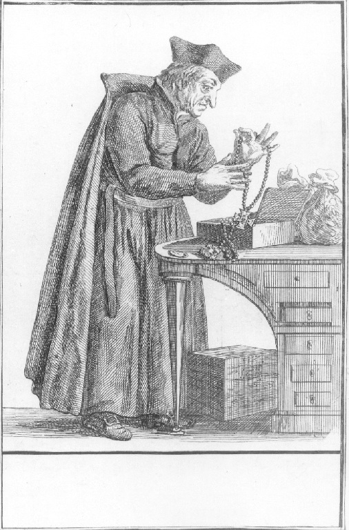 Caricatura di un frate (stampa smarginata, serie) di Dusart Cornelis (sec. XVII)