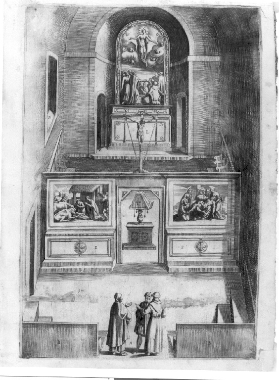 Interno della Chiesa minore sul Monte Verna (stampa, stampa composita) di Ligozzi Jacopo (sec. XVII)