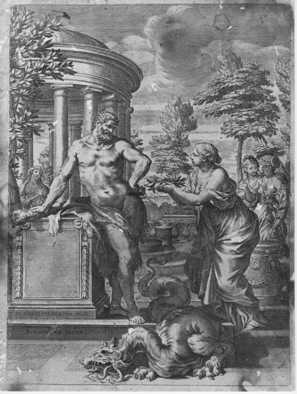 Ercole nel giardino delle Esperidi (stampa) di Berrettini Pietro detto Pietro da Cortona, Greuter Johann Friederich (sec. XVIII)